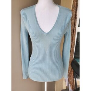 Cache Sweater Womens Medium Blue Silk Blend Sweater Ribbed Long Sleeve Lux Top